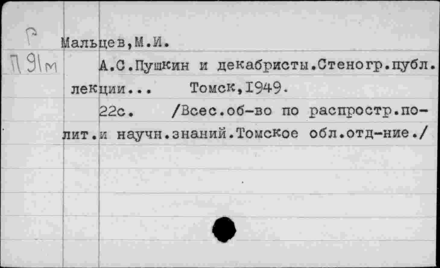 ﻿Мальцев,М.И.
А.С.Пушкин и декабристы.Стеногр.публ. лекции...	Томск,1949 -
22с.	/Всес.об-во по распростр.по-
лит.и научи.знаний.Томское обл.отд-ние./